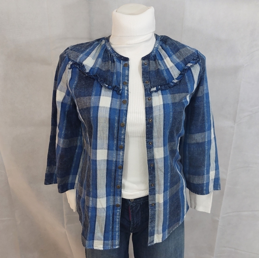 Reba Blue Flannel Blouse Sz M Snap Button Front 100% Cotton - Picture 7 of 12